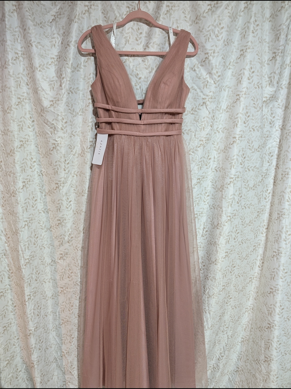 Azazie Mauve Maxi Tulle Gown with Strappy Waist